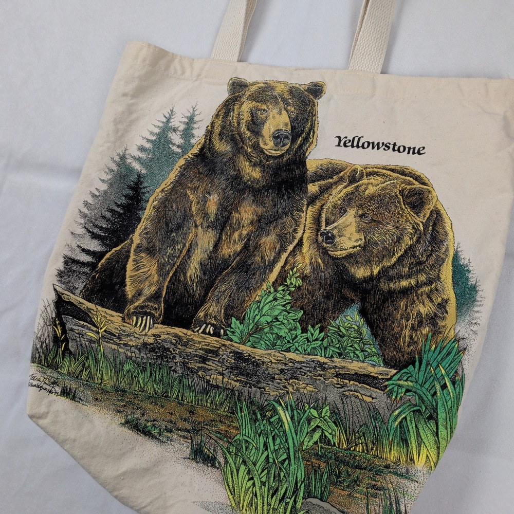 Vintage 90s Yellowstone National Park Grizzly Bears Canvas Tote Teena Houck